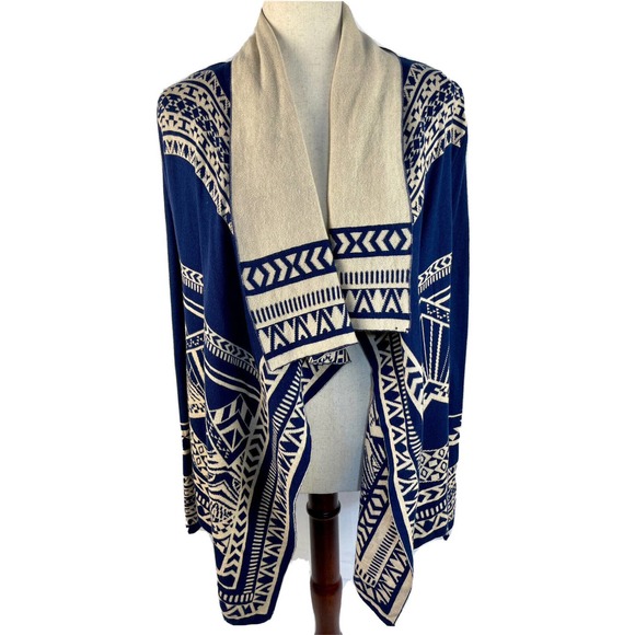 Flying Tomato Sweaters - Flying Tomato Aztec Indian Navajo Reversible Cardigan Navy & Cream Big Size S